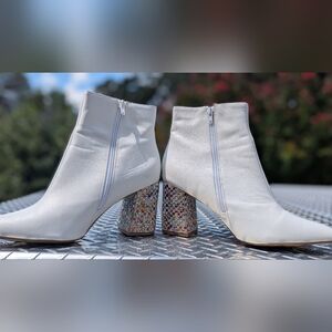 Elegant Betsey Johnson White Ankle Boots with Rhinestone Covered Heel